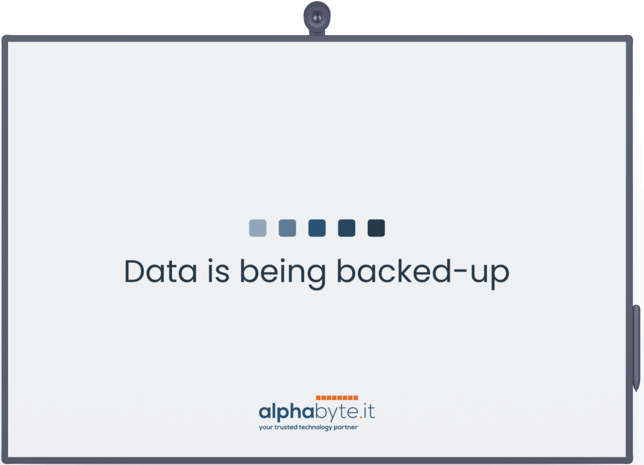 Screen showing ‘Data is being backed-up’ with the Alphabyte IT logo