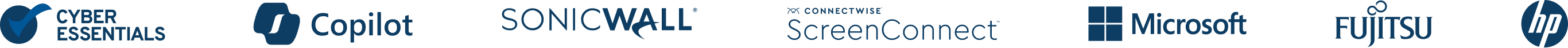 Accreditations and technology partners: Cyber Essentials, Copilot, SonicWall, ConnectWise ScreenConnect, Microsoft, Fujitsu and HP