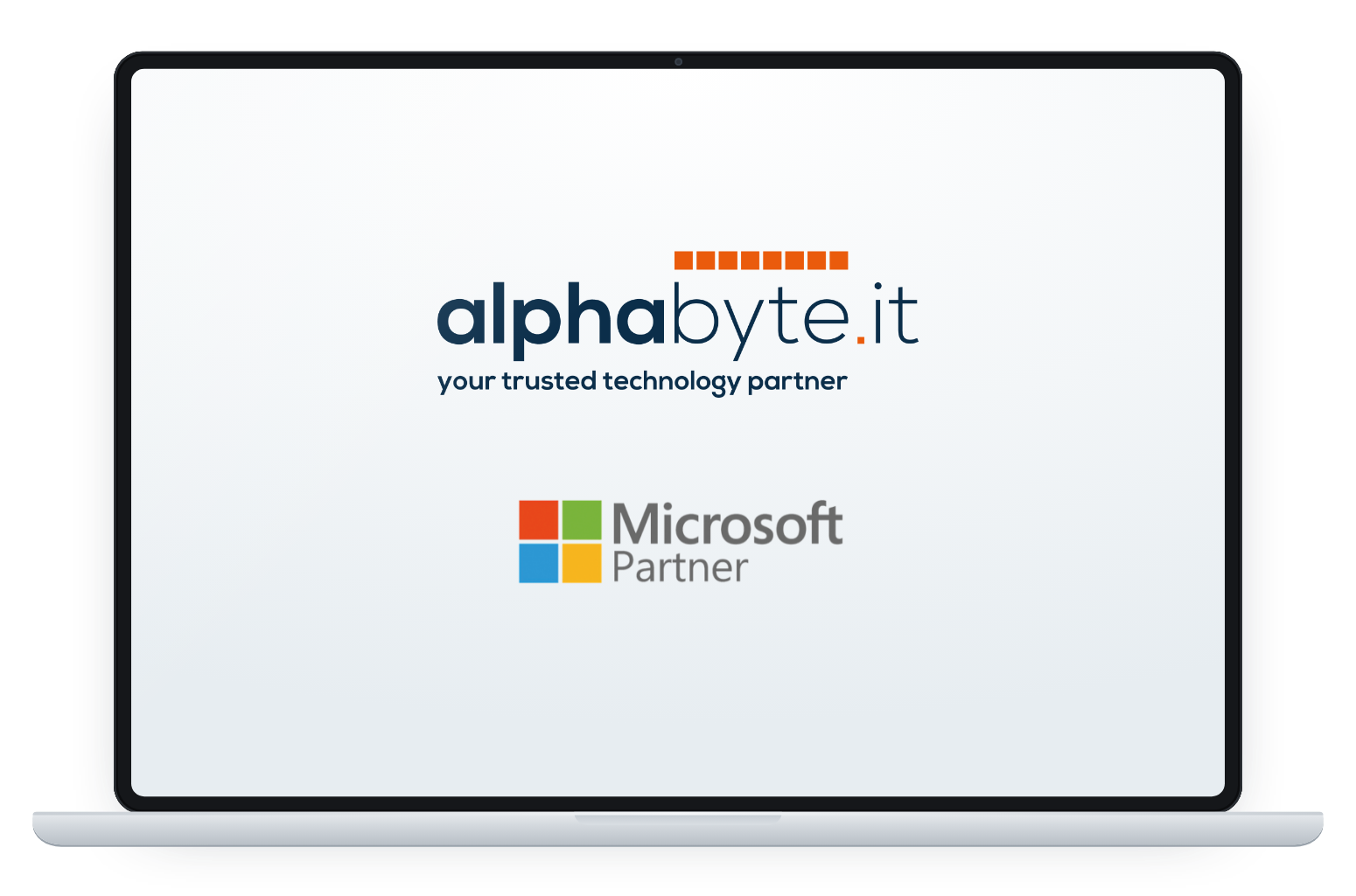 Laptop showing the Alphabyte IT logo and the Microsoft Partner badge